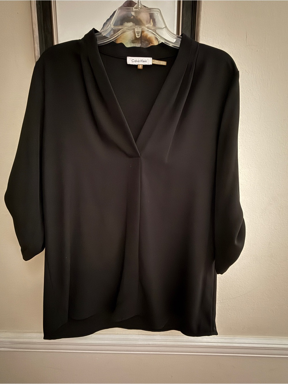 Calvin Klein Black V-Neck Draped Blouse